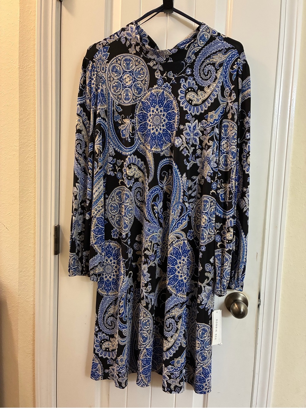 Robbie Bee Black and Blue Paisley Long-Sleeve Dress